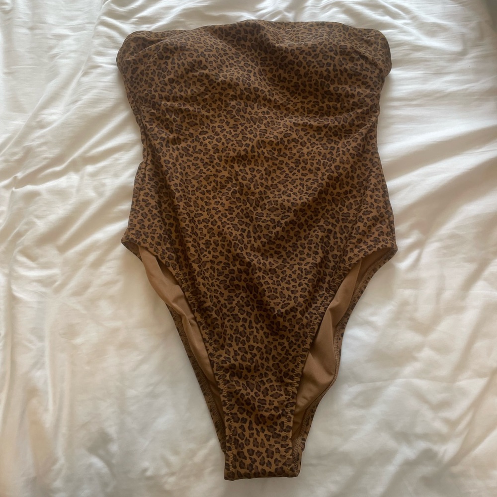 J. Crew Brown Leopard Print Strapless One-Piece Swimsuit